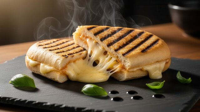 A gooey, grilled panini sandwich with melted cheese oozing out, showcasing delicious culinary artistry perfect for any meal.