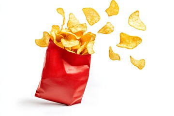 Crispy potato chips flying out of red bag on white background in playful scene