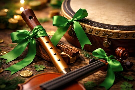 Irish folk instruments adorned with green ribbons and shamrocks. St. Patricks Day musical setup featuring flute, bodhran, violin, gold coins, and candles on rustic wood