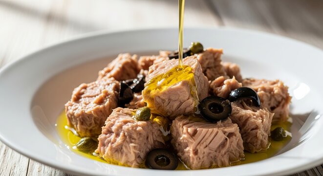 Delicious tuna chunks with olives and capers drizzled with olive oil on a white plate for a fresh mediterranean seafood dish. concept of healthy eating, gourmet meal, culinary delight