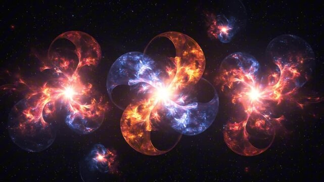 Cosmic spectacle featuring nebulalike swirls in vibrant orange and blue hues against a starfilled backdrop