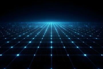 ネオンブルーの光点が奥行きを描くデジタルグリッド背景｜IT・AI・データを象徴する抽象デザイン