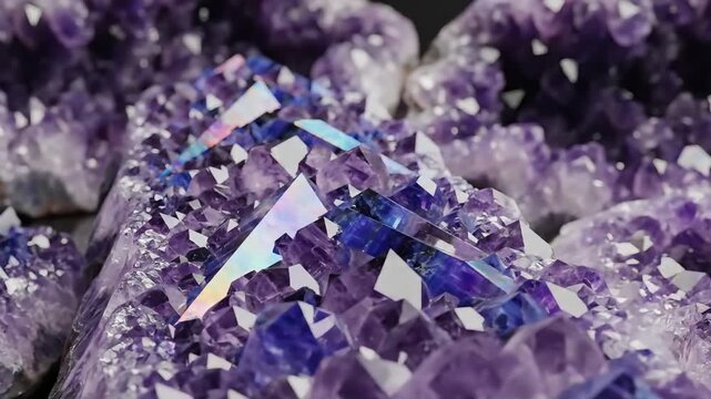 Close-up of a stunning amethyst crystal cluster showcasing its vibrant purple hues and intricate geometric formations against a dark background evoking luxury and natural beauty