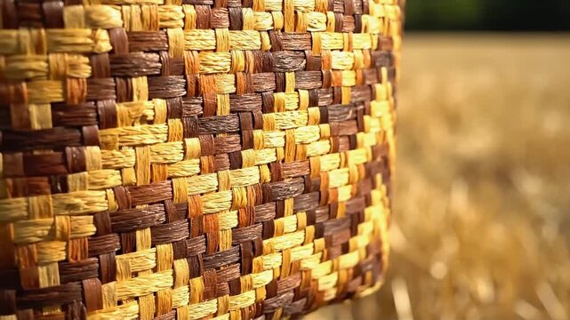 Close-up of a handcrafted wicker basket showcasing intricate weaving patterns and warm earthy tones against a blurred natural background evoking rustic charm and artisanal craftsmanship