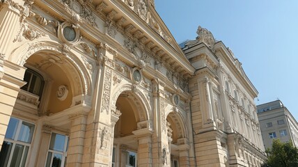 Obraz premium Historic Opera House with Grand Arched Windows Showcasing Ornate Architectural Details Against Clear Blue Sky