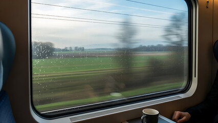 Fototapeta premium Person holding coffee cup on a moving train with rainy window view