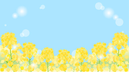 青空と日差しと菜の花畑を組み合わせた背景のイラスト　16：9バージョン