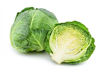 Obraz premium Whole green cabbage and cut half showing layers on white background for food presentations and healthy recipes