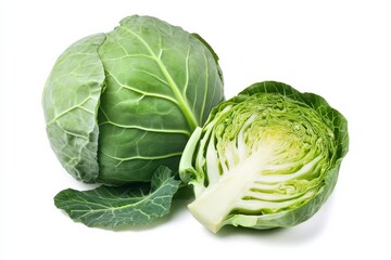 Fototapeta premium Whole green cabbage and freshly cut half showing layered leaves on white background for salads and meals