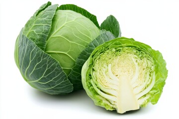 Fototapeta premium Whole green cabbage with a freshly cut half showing layered leaves against a white background for food presentation