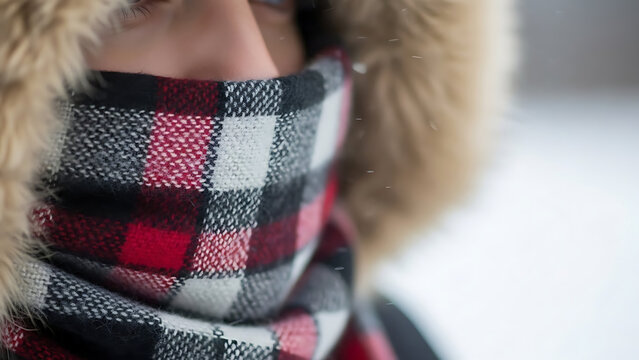 Person wearing a red and black plaid scarf with fur hood in the snow