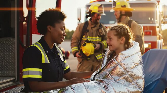 Female EMT reassuring young girl wrapped in a thermal blanket next to ambulance with firefighters in background for emergency rescue concept and compassionate care