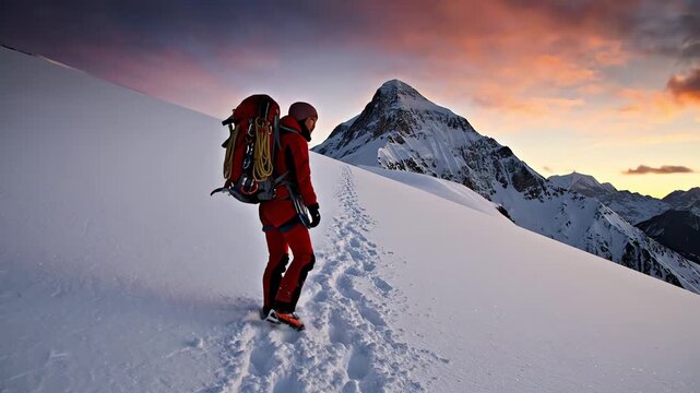 Adventurous woman hiking up a snowy alpine ridge at dramatic sunrise for perseverance concept and personal achievement