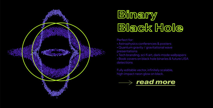 Vibrant neon vector of binary black hole with purple dotted orbital fusion, glowing green rings, and cosmic eye-like shape on black background. Quantum gravity and astrophysics themes.