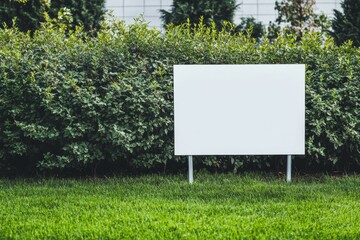 Blank yard sign standing on green grass near bushes in a bright outdoor space during daytime