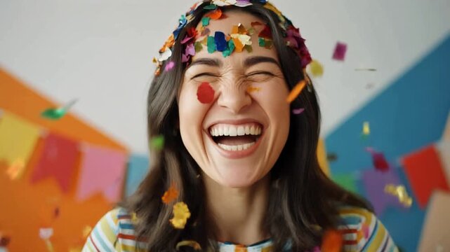 Smiling Woman with Confetti on White Wall &ndash; Close-Up Portrait in Joyful Festive Atmosphere