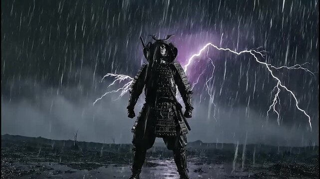 Fierce Samurai Warrior Stands Defiant in a Stormy Landscape Dramatic Portrait of Strength and Resilience Amidst Lightning and Rain