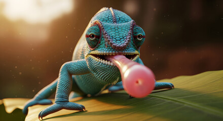 A vibrant close-up of a blue chameleon on a green leaf extending its long pink tongue to catch prey in a sunlit tropical forest. Generative AI.