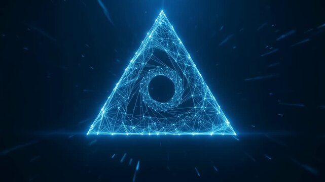 Glowing digital triangle network with central circle and particle streaks, digital triangle network with glowing nodes and circular core evoking