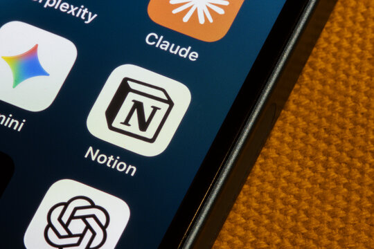 Portland, OR, USA - Jan 29, 2026: Notion app icon is seen on an iPhone. Notion AI is an integrated AI assistant within Notion that helps users generate, summarize, edit, and organize content.