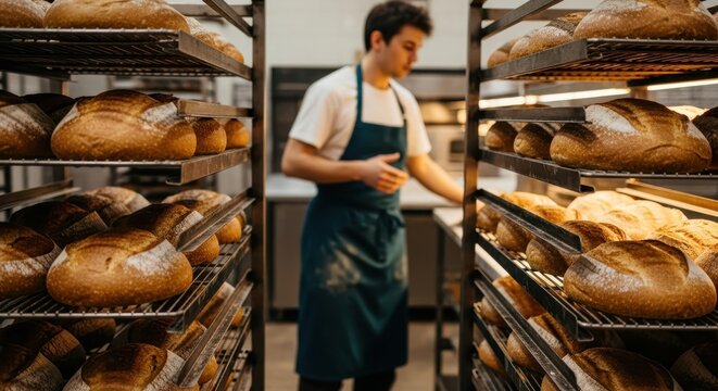 Skilled male baker in apron arranging fresh baked bread loaves on shelves in a traditional bakery setting