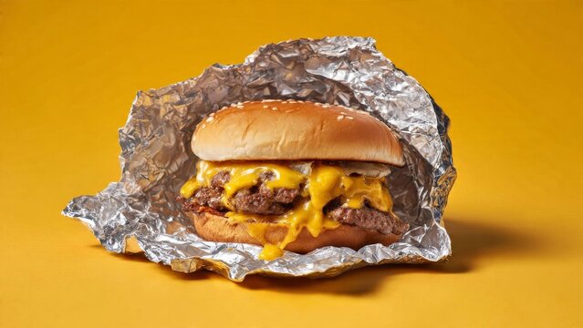 Burger Wrapped in Foil on Pink Background

