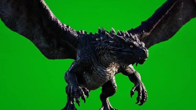 A fierce, detailed dragon with black scales and yellow eyes, wings spread wide, against green screen