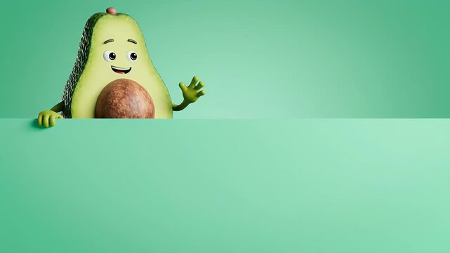 Green avocado character peeking wall for healthy food fun and vegan humor 3d render.