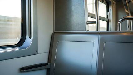 Empty train seats with gray metal backs and windows