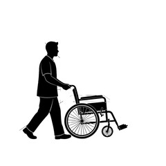 Obraz premium Man pushing a person in a wheelchair silhouette.