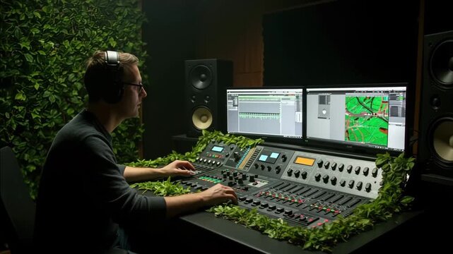 Sound engineer at a large mixing console in an eco studio surrounded by plants, adjusting faders and monitoring screens for organic music production concept of sustainable audio craftsmanship