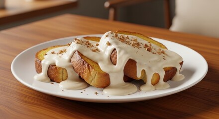 Golden French Toast drizzled with creamy sauce and crumb topping on a white plate, a delightful breakfast dish