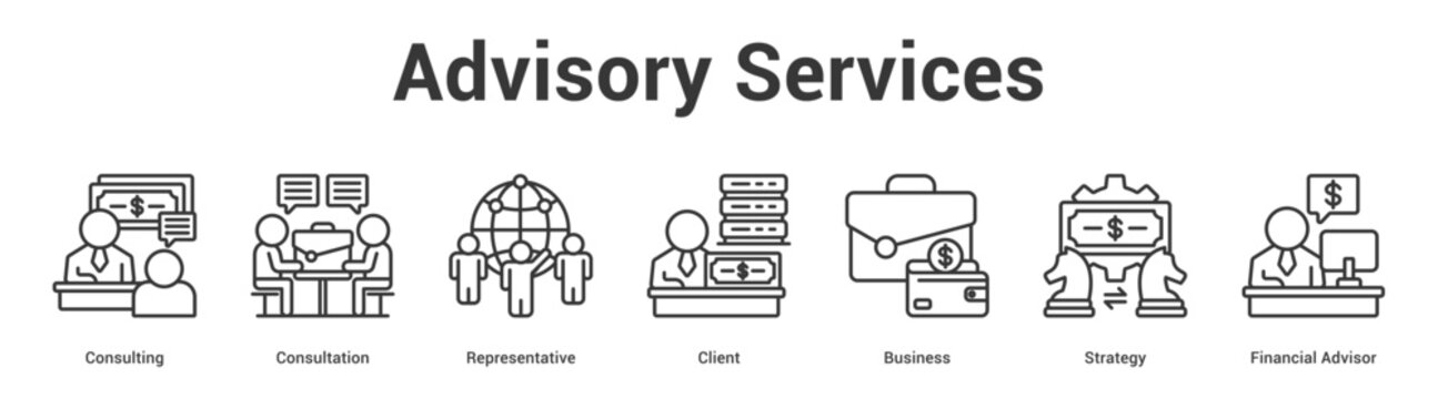 Advisory Services web banner icon set vector illustration concept for business with icon of Consulting, Consultation, Representative, Client, Business, Strate.