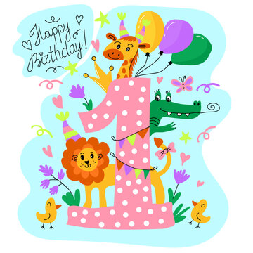 Colorful Happy first birthday greeting card. Birthday anniversary number with cute animals. Hand drawn doodle style vector illustration.