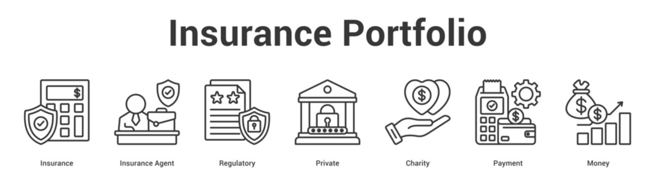 Insurance Portfolio web banner icon set vector illustration concept for business with icon of Insurance, Insurance Agent, Regulatory, Private, Chari.