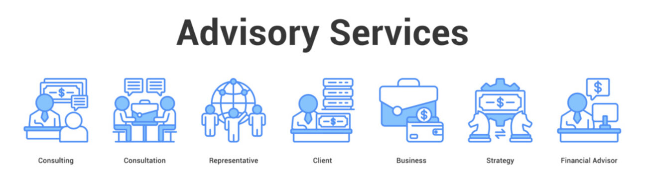 Advisory Services web banner icon set vector illustration concept for business with icon of Consulting, Consultation, Representative, Client, Business, Strate.