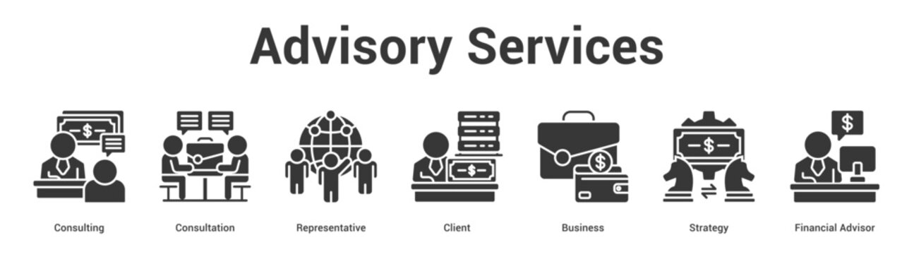 Advisory Services web banner icon set vector illustration concept for business with icon of Consulting, Consultation, Representative, Client, Business, Strate.