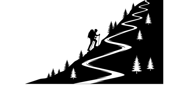 Hiker Climbing Switchback Trail Silhouette Vector Illustration

