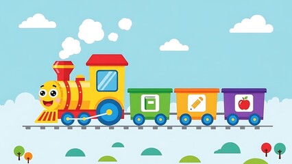 Obraz premium Colorful cartoon train on tracks outside.