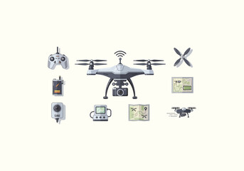 Vector Concept Design Flat Icon Drone and Accessories - A Comprehensive Set for Aerial Photography and Videography.