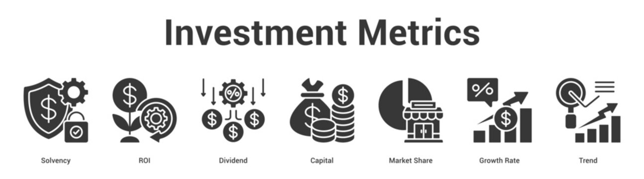 Investment Metrics web banner icon set vector illustration concept for business with icon of ROI, Dividend, Capital, Market Share, Growth Ra.