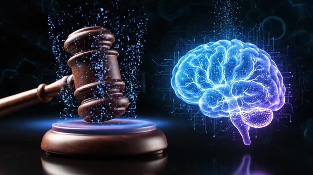 Justice and intellect collide with glowing brain and gavel