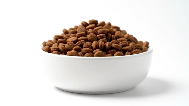 A full white bowl is brimming with brown, dry, round kibble on a bright white backdrop