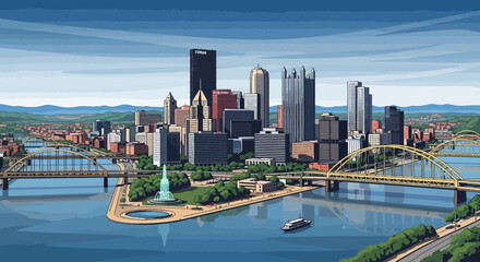Naklejka premium Pittsburgh City Skyline with River and Bridges.