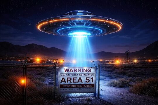 UFO illuminating the Area 51 sign at night, realistic scene with futuristic spaceship hovering over secret military base in the desert, blue lights and mysterious atmosphere