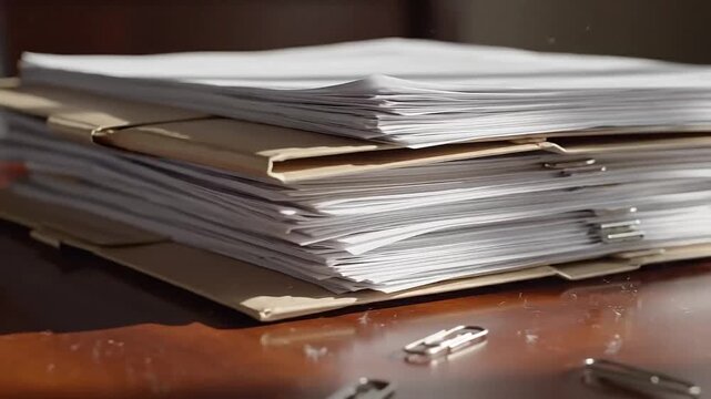 Stack of important business documents and files representing organizational tasks, tax legal paperwork, and administrative efficiency on a classic office desk
