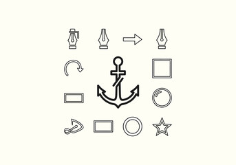 Vector Concept Design Flat Icon Diverse outline vector icon set with a central anchor, pen tools, geometric shapes, arrows, and a star.