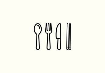 Vector Concept Design Flat Icon Diverse Outline Eating Utensils - Spoon, Fork, Knife, and Chopsticks in Minimalist Icon Style.