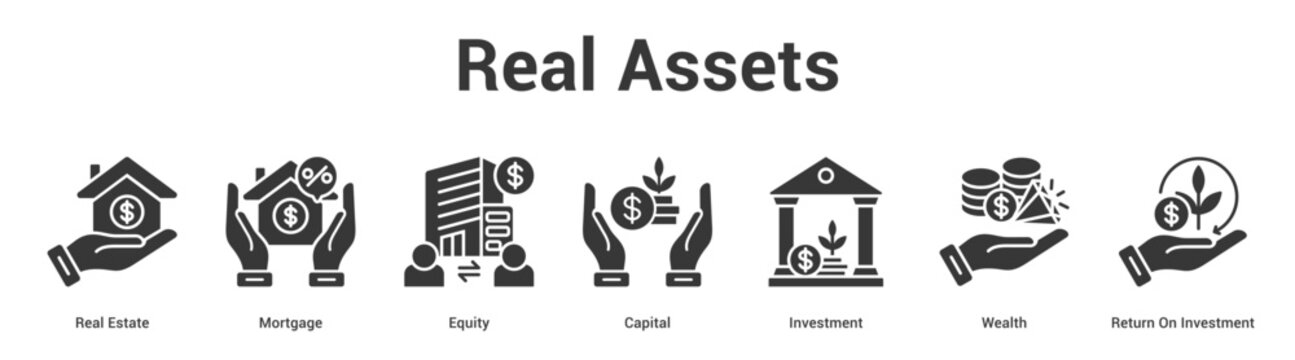 Real Assets web banner icon set vector illustration concept for business with icon of Real Estate, Mortgage, Equity, Capital, Investment, Wealth, Ret.