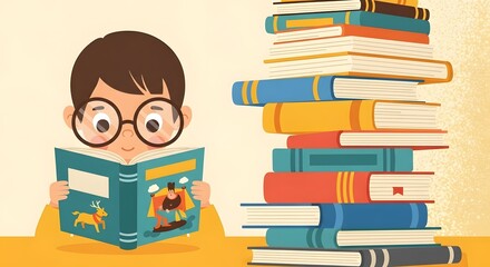 Curious Child Reading Book with Stack of Colorful Books Nearby